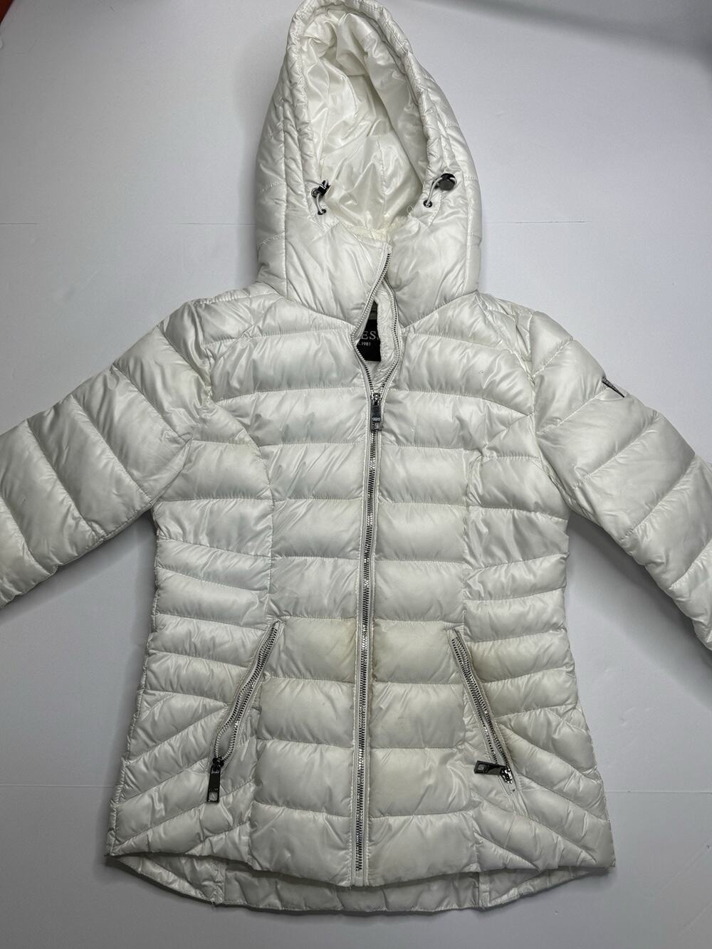 GUESS Womens Small White Hooded Puffer Jacket Quilted Lightweight Winter